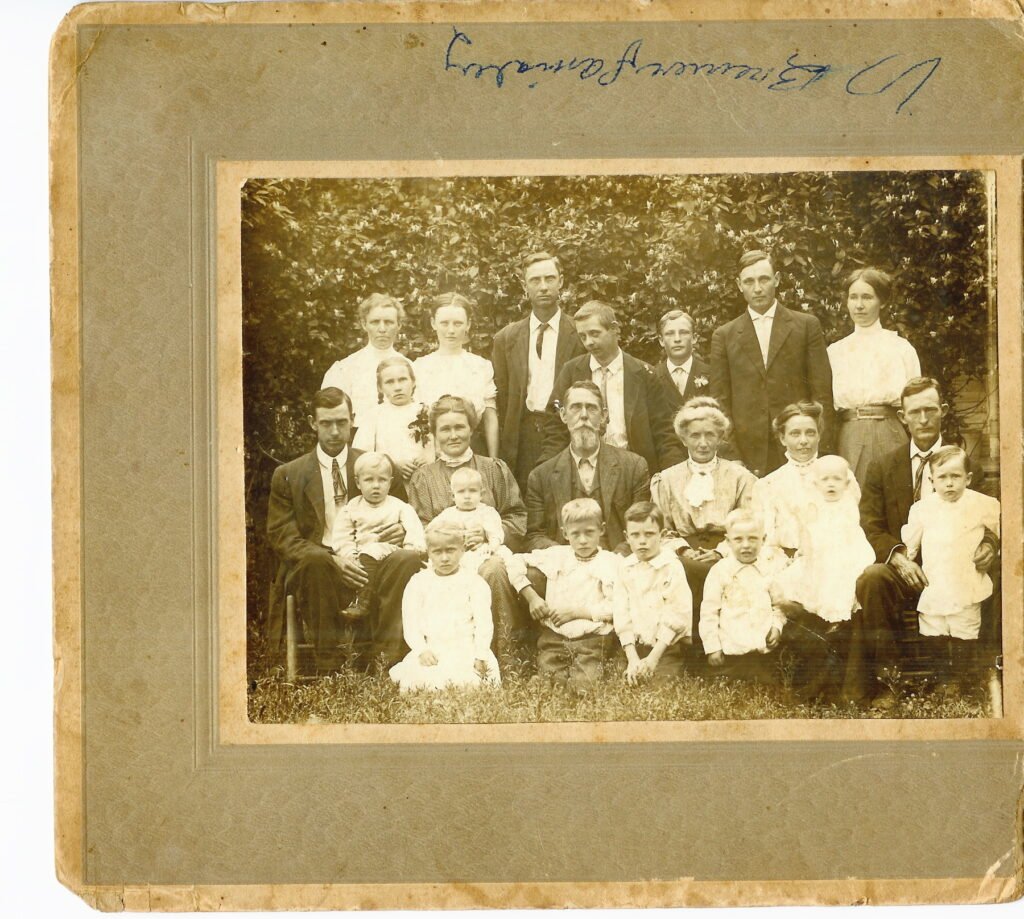 James Whittle & Rhoda Nollner Seated Second Row; William Alfred & Levina McDearmon standing upper left & William Moffitt standing 3rd from right.  Mountain View, Arkansas